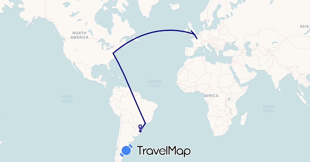 TravelMap itinerary: driving in Brazil, France, United Kingdom, United States (Europe, North America, South America)