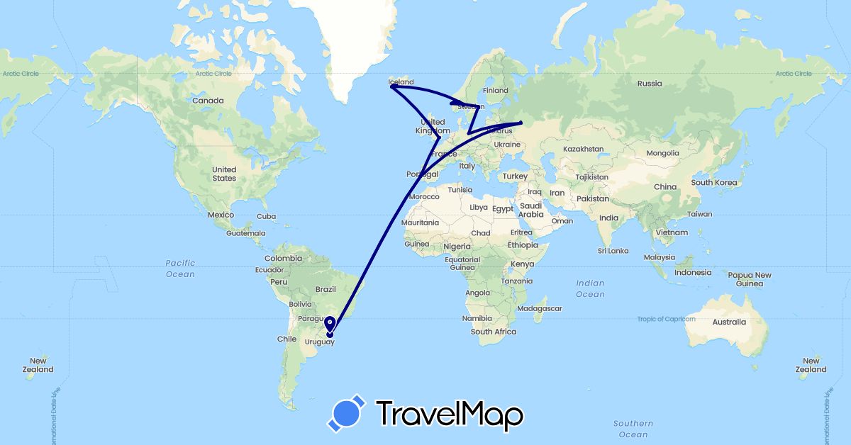 TravelMap itinerary: driving in Brazil, Germany, United Kingdom, Iceland, Norway, Portugal, Russia, Sweden (Europe, South America)