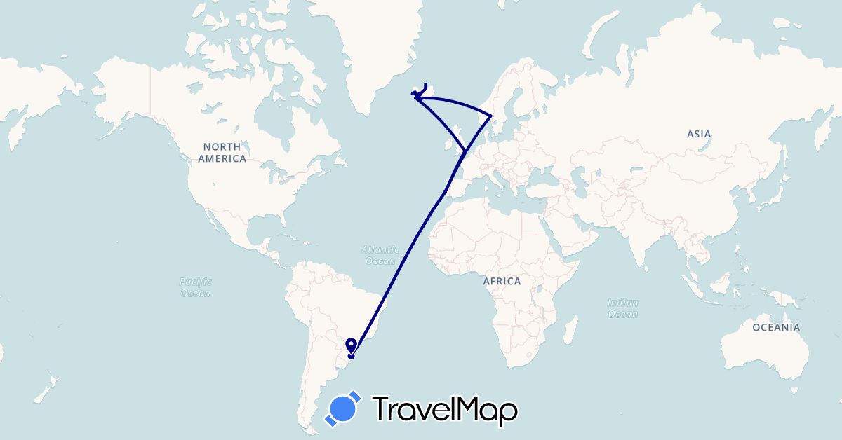 TravelMap itinerary: driving in Brazil, United Kingdom, Iceland, Norway, Portugal (Europe, South America)