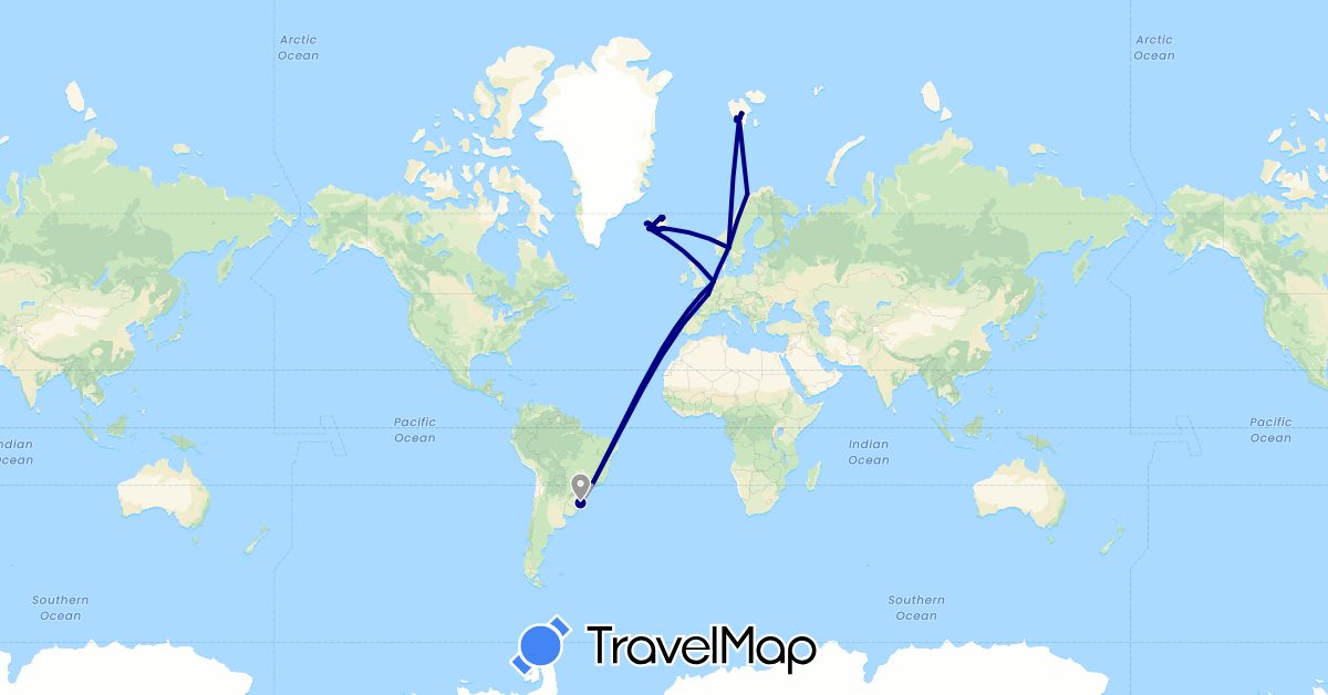 TravelMap itinerary: driving, plane in Brazil, France, Iceland, Netherlands, Norway (Europe, South America)
