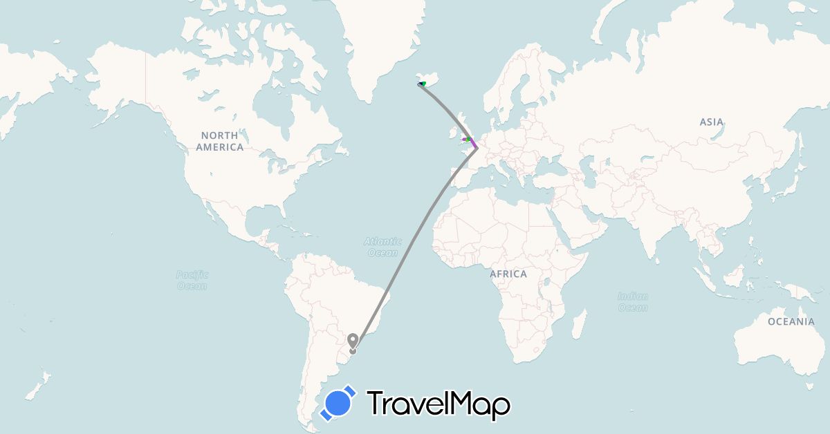 TravelMap itinerary: driving, bus, plane, train, hiking, electric vehicle in Brazil, France, United Kingdom, Iceland (Europe, South America)